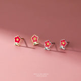 925 Sterling Silver Small Red Flower Earrings for Women