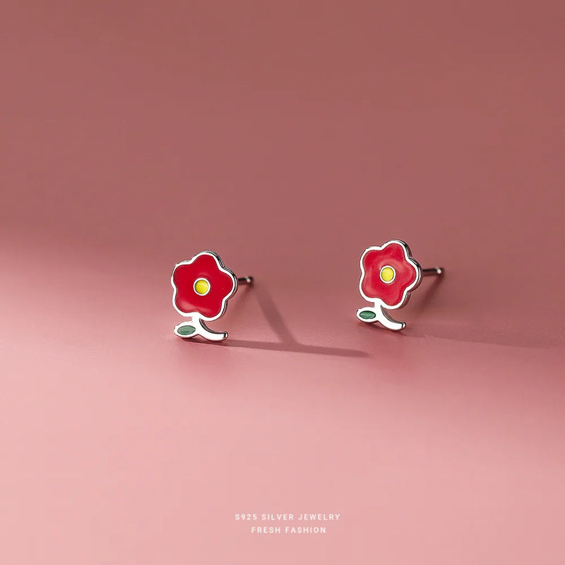 925 Sterling Silver Small Red Flower Earrings for Women