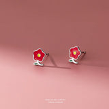 925 Sterling Silver Small Red Flower Earrings for Women