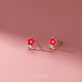 925 Sterling Silver Small Red Flower Earrings for Women