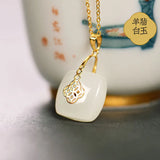 Silver Hetian Jade Square Pendant Necklace for Women