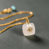 Silver Hetian Jade Square Pendant Necklace for Women