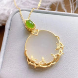 Silver Inlaid Hetian Jade Round Pendant Necklace Chinese Retro Women's Jewelry