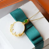 Silver Inlaid Hetian Jade Round Pendant Necklace Chinese Retro Women's Jewelry