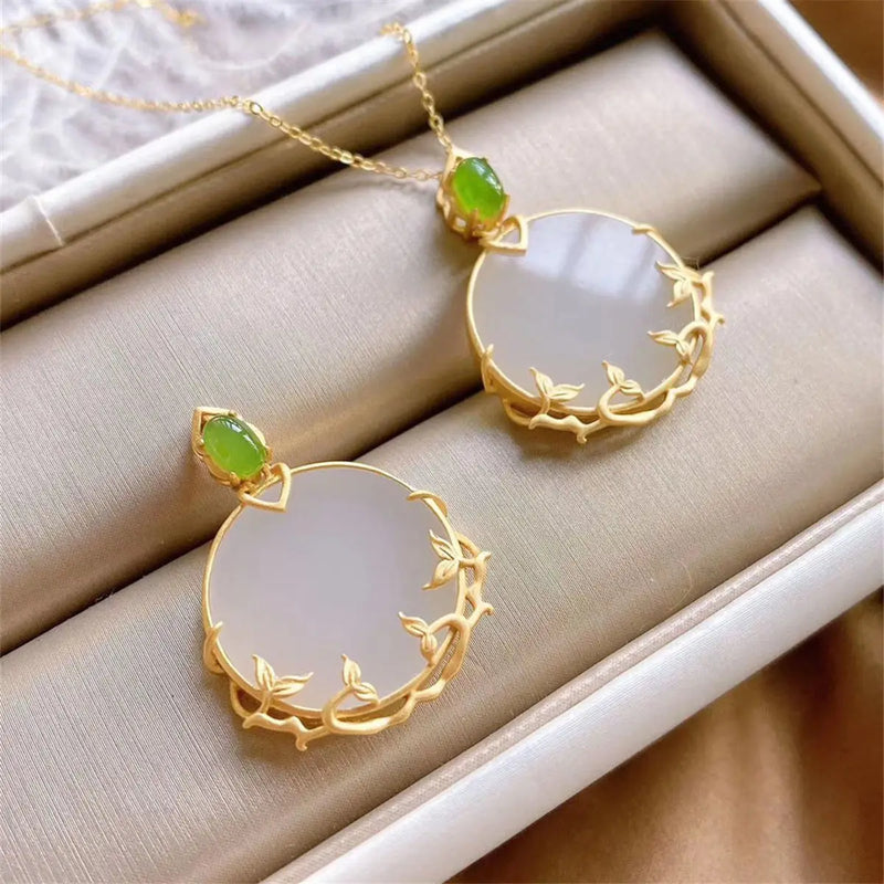 Silver Inlaid Hetian Jade Round Pendant Necklace Chinese Retro Women's Jewelry
