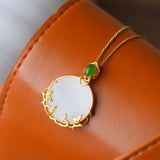 Silver Inlaid Hetian Jade Round Pendant Necklace Chinese Retro Women's Jewelry