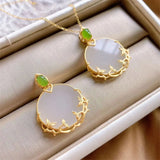 Silver Inlaid Hetian Jade Round Pendant Necklace Chinese Retro Women's Jewelry