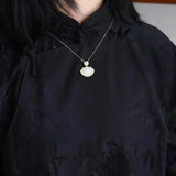Chinese Retro Silver Inlaid Jade Shell Pendant Necklace