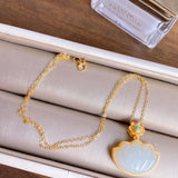 Chinese Retro Silver Inlaid Jade Shell Pendant Necklace