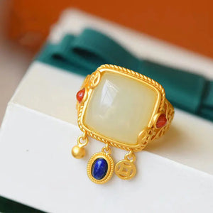 Silver Inlaid Hetian Jade Tassel Retro Ethnic Women's Ring