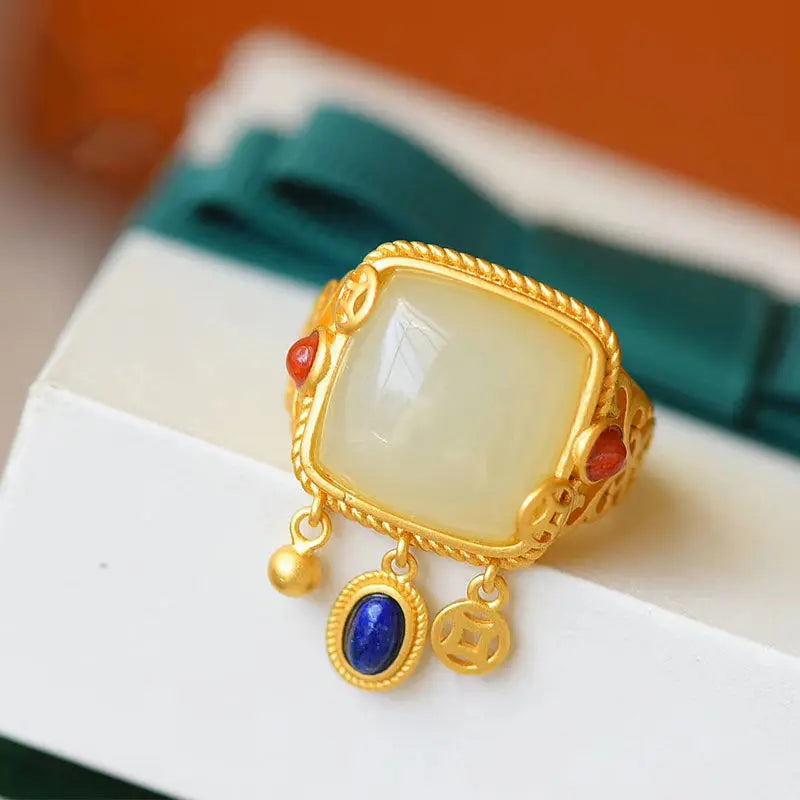 Silver Inlaid Hetian Jade Tassel Retro Ethnic Women's Ring