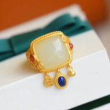 Silver Inlaid Hetian Jade Tassel Retro Ethnic Women's Ring