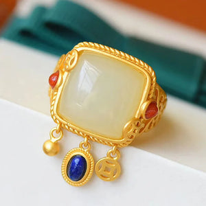 Silver Inlaid Hetian Jade Tassel Retro Ethnic Women's Ring