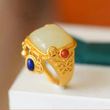 Silver Inlaid Hetian Jade Tassel Retro Ethnic Women's Ring