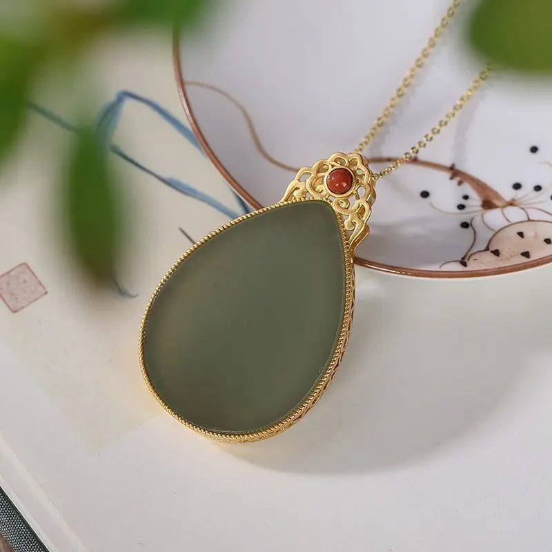 Silver Inlaid Hetian Chalcedony Drop Pendant Necklace Craft