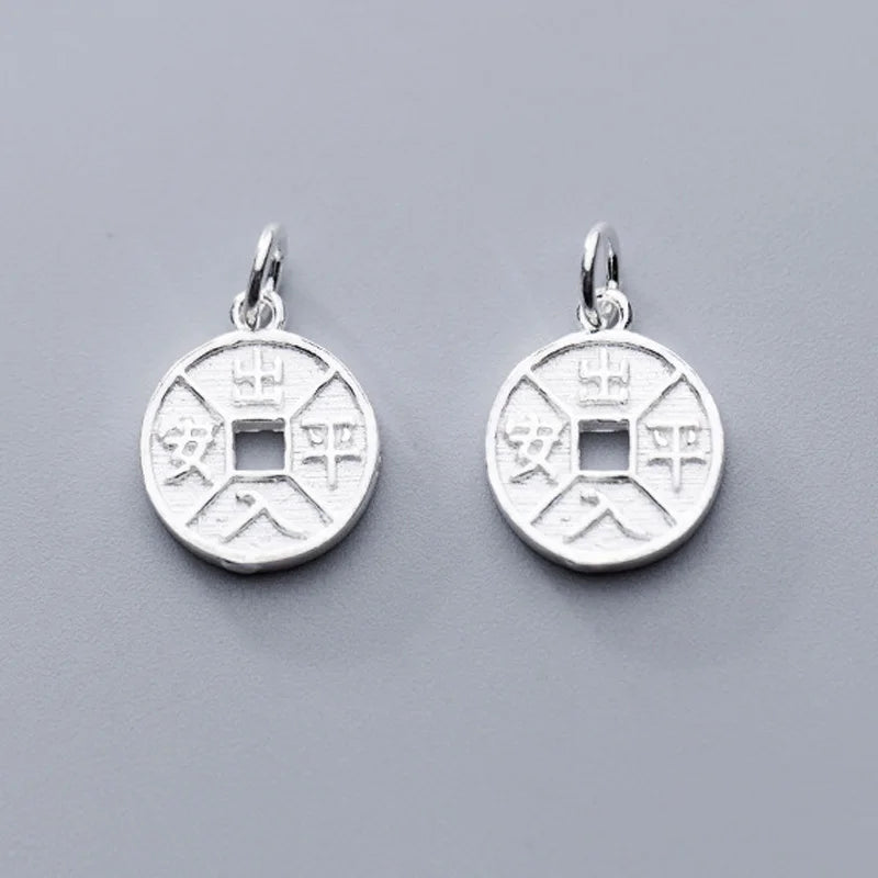 Safe Trip Chinese Letter Engraved Round Charms 925 Sterling Silver Pendant