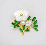 Sea Shell & Green Zircon Flower Brooch