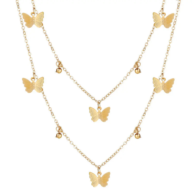 Butterfly Pendant Necklace Double Layer Metal Clavicle Chain