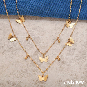Butterfly Pendant Necklace Double Layer Metal Clavicle Chain