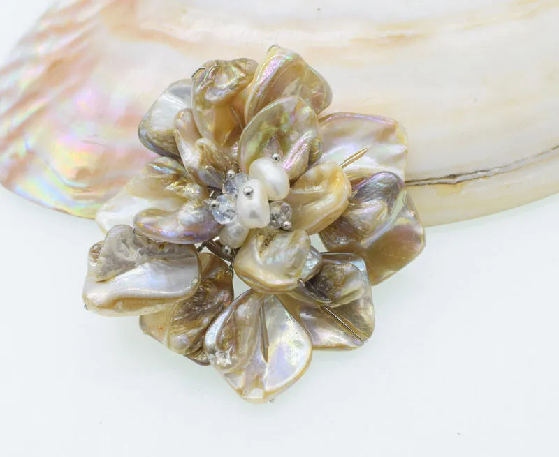 Shell & Freshwater Pearl Flower 60mm Brooch Nature Beads Nature