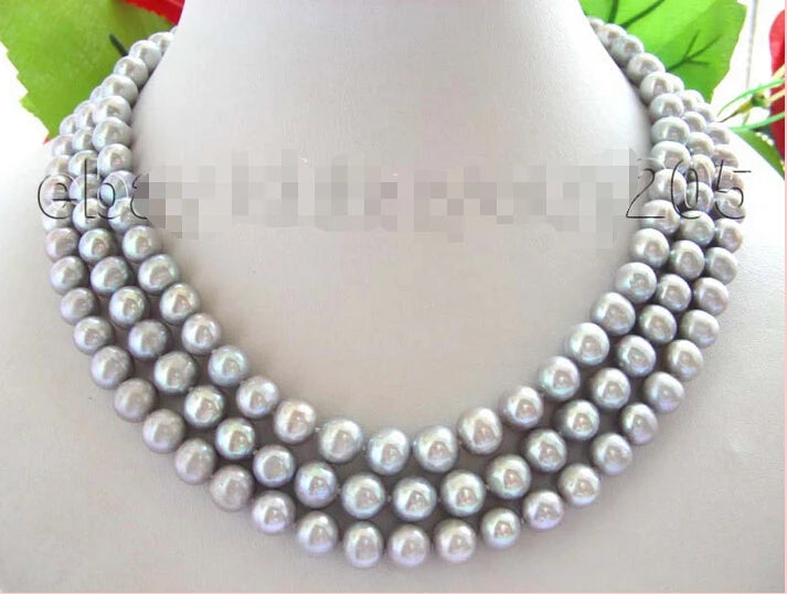 9mm Gray Pearl Necklace Cameo - 3 Rows Natural - Free Shipping