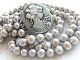 9mm Gray Pearl Necklace Cameo - 3 Rows Natural - Free Shipping
