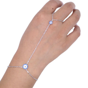 Silver Rose Chain Evil Eye Charm Hand Bracelet with Ring