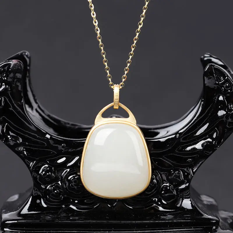 Silver Inlaid Hetian & Sheep Fat Jade Pendant Necklace