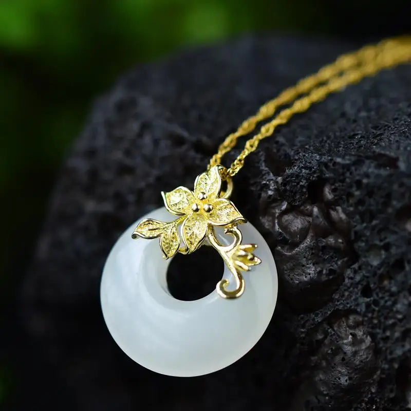 Chinese Flower Branch Hetian Jade Pendant Necklace