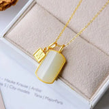 Silver Inlaid Hetian Sheep Fat Jade Square Pendant Necklace