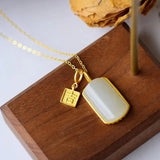 Silver Inlaid Hetian Sheep Fat Jade Square Pendant Necklace