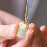 Silver Inlaid Hetian Sheep Fat Jade Square Pendant Necklace