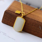 Silver Inlaid Hetian Sheep Fat Jade Square Pendant Necklace