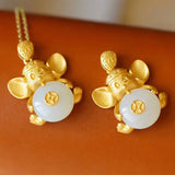 Silver Inlaid Natural Hetian Chalcedony Blessing Mouse Pendant Necklace