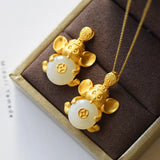 Silver Inlaid Natural Hetian Chalcedony Blessing Mouse Pendant Necklace
