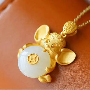 Silver Inlaid Natural Hetian Chalcedony Blessing Mouse Pendant Necklace