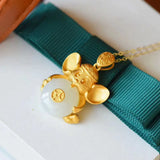Silver Inlaid Natural Hetian Chalcedony Blessing Mouse Pendant Necklace