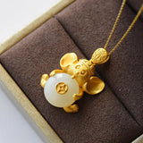 Silver Inlaid Natural Hetian Chalcedony Blessing Mouse Pendant Necklace