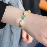 Silver Inlaid Hetian Chalcedony Bracelet Chinese Retro Plant Women's Jewelry