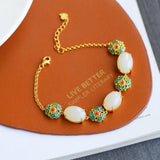 Silver Inlaid Hetian Chalcedony Bracelet Chinese Retro Plant Women's Jewelry