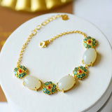 Silver Inlaid Hetian Chalcedony Bracelet Chinese Retro Plant Women's Jewelry