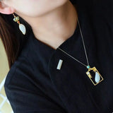 Vintage Silver Inlaid Hetian Jade Bamboo Leaf Pendant Necklace