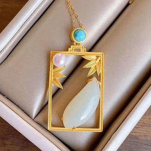 Vintage Silver Inlaid Hetian Jade Bamboo Leaf Pendant Necklace