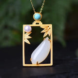 Vintage Silver Inlaid Hetian Jade Bamboo Leaf Pendant Necklace