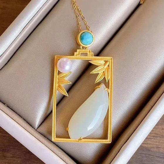 Vintage Silver Inlaid Hetian Jade Bamboo Leaf Pendant Necklace