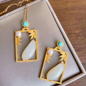 Vintage Silver Inlaid Hetian Jade Bamboo Leaf Pendant Necklace
