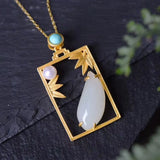 Vintage Silver Inlaid Hetian Jade Bamboo Leaf Pendant Necklace