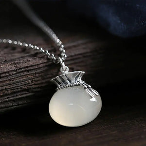 Silver Inlaid Chalcedony Purse Pendant Necklace Chinese Charm Jewelry