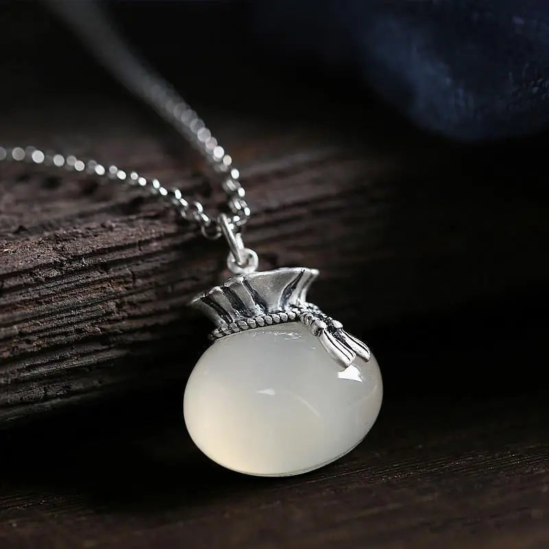 Silver Inlaid Chalcedony Purse Pendant Necklace Chinese Charm Jewelry