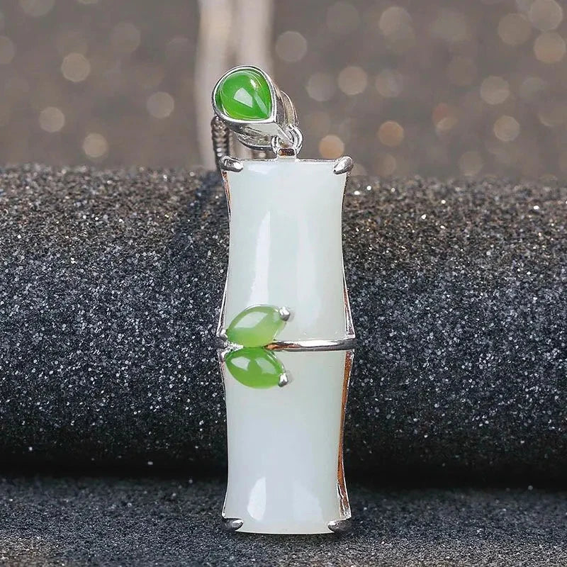 Silver Hetian Jade Bamboo Pendant Necklace - Chinese Retro Women's Jewelry
